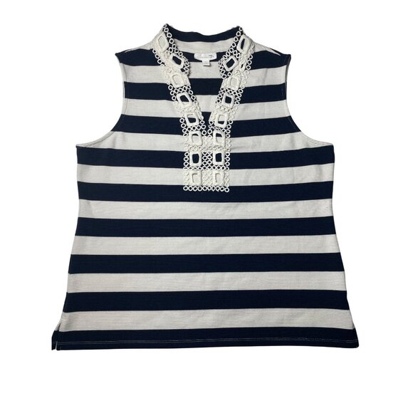 Women's Tank Top Size XL Navy & White Striped Crochet Detail By Charter Club - Picture 1 of 11